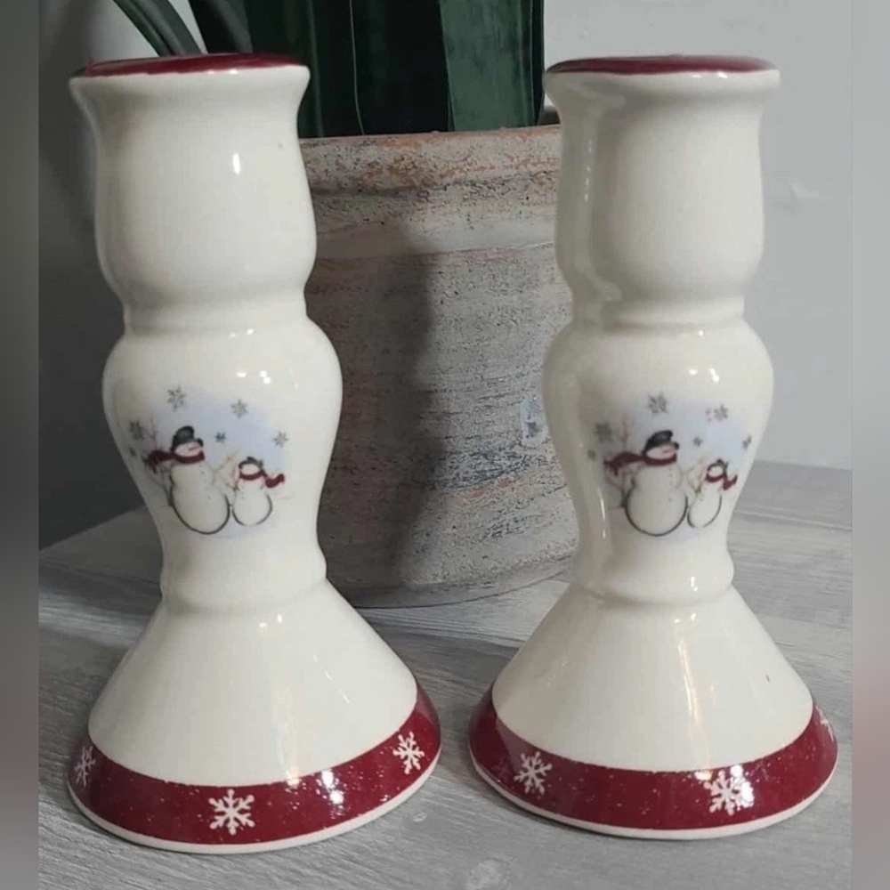 Set of 2 Royal Seasons Stoneware Snowman Candle Holders Sticks 5-1/4”